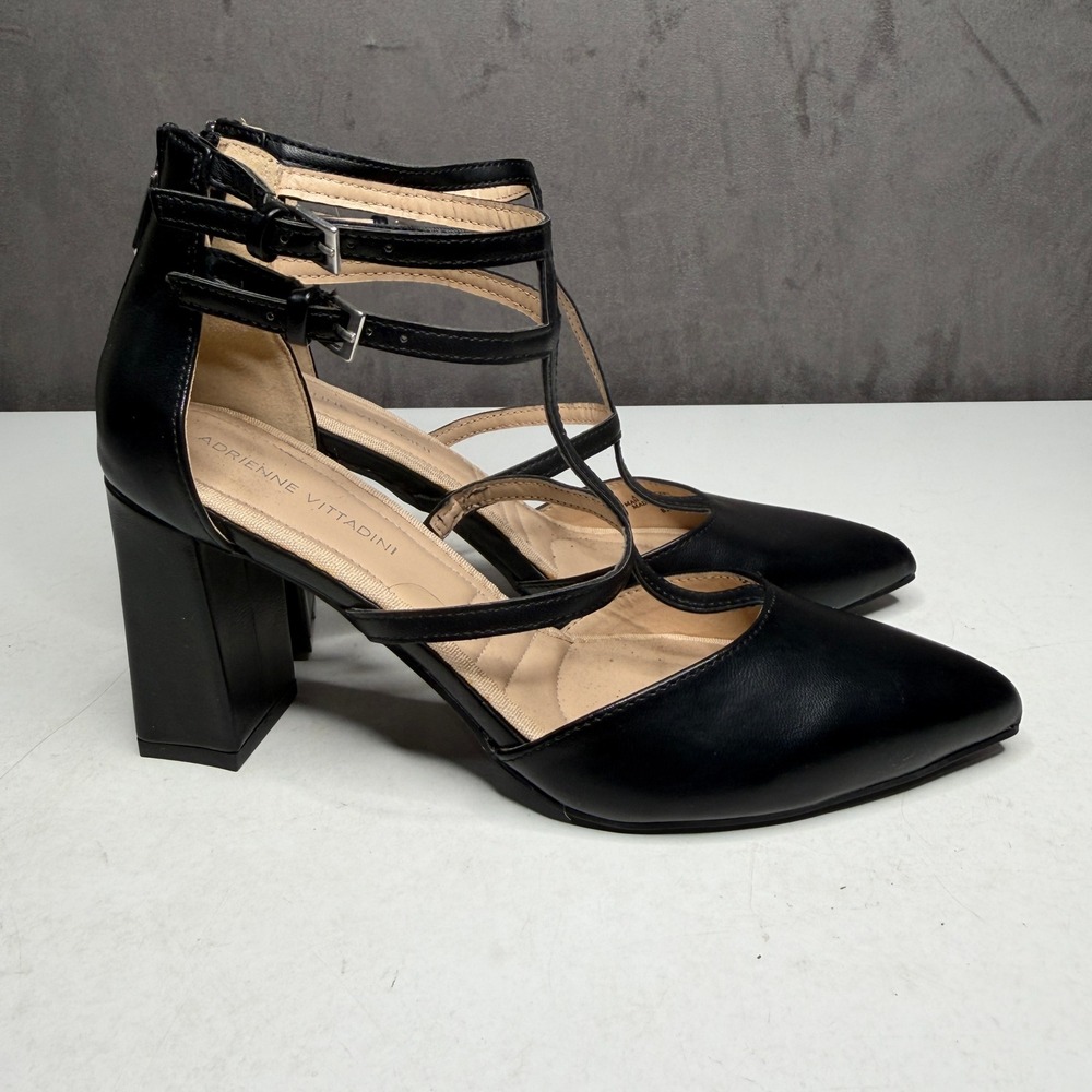 Adrienne Vittadini AV-NOCERI Pumps Womens 8M Blk T-Strap Block Heel Pointed Toe